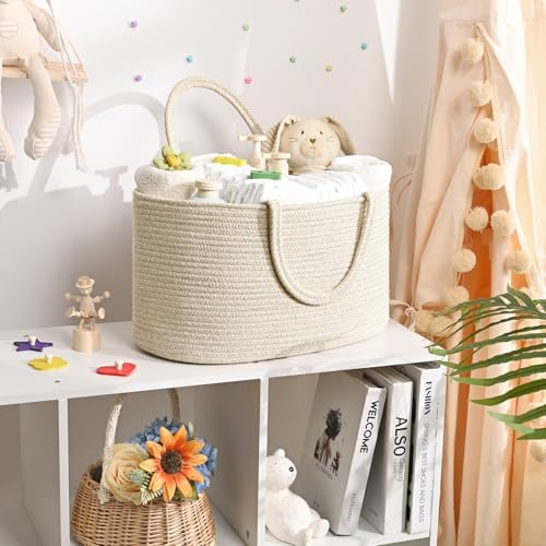 19L Baby Diaper Caddy Organizer, 16.8"x9.8"x9" Cotton Rope Diaper Basket, Changing Table Storage Caddy With Removable Divider, Baby Basket for Nursery, Car, Diapers, Baby Shower Gifts for Newborn - Image 2