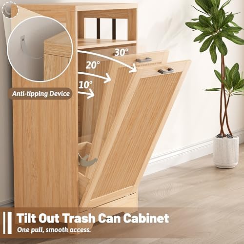 13 Gallon Tilt Out Trash Can Cabinet with Open Shelf & Storage - Pet Proof Hidden Recycling Cabinet & Wooden Laundry Hamper for Kitchen, Bathroom, Living Room,Natural Wood - Image 6