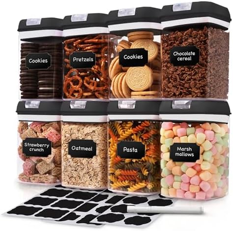 Set of 8 Airtight Food Storage Containers - Pantry Organizer Bins, BPA Free Plastic Containers plus Dry Erase Marker and Labels, Black by Alphx+Innovations