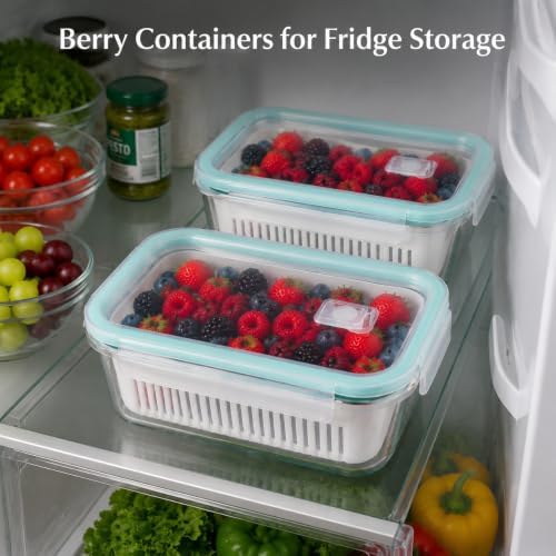 2 Pack 56oz Glass Berry Container for Fridge,with Removable Colander and Vent Valve,Fresh Fruit and Vegetable Storage Set - Image 4