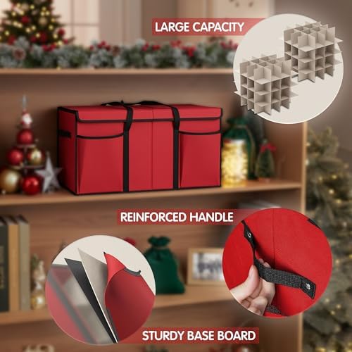 Christmas Ornament Storage Box with Dividers & Pockets - Holiday Ornament Organizer Bag - Holds 128 Balls - Durable Red Fabric Container with Handles - Foldable Xmas Decorations Storage - by Mobi Lock - Image 5
