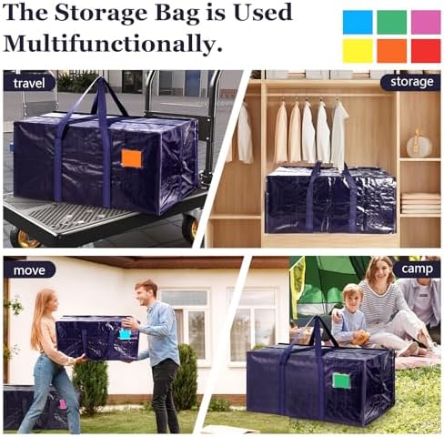 12 Pack Moving Bags with Full-Open Side Zipper, Extra Large 93L Heavy Duty Waterproof Foldable Storage Totes for College Dorm, Moving & Home OrganizationDarkBlue - Image 4