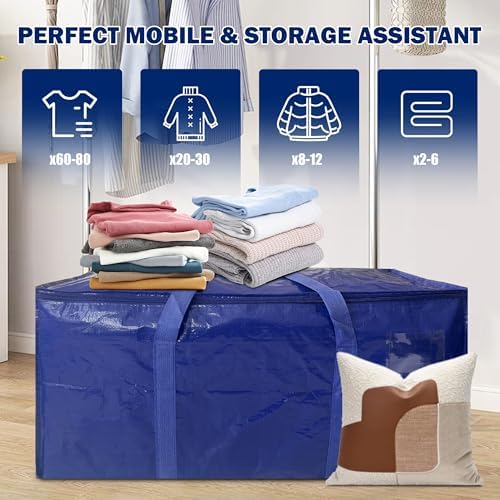 4 Pack Extra Heavy Duty Large Moving Bags with Strong Zipper & Carrying Handles, Sturdy Clothes Storage Bags Totes Bins, Packing Moving Boxes College Supplies, Dark Blue - 24 gal - Image 6