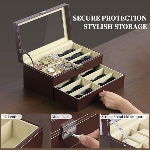 AUTOARK Leather 6 Watch Box & 9 Eyeglasses Storage Case,Brown,AW-130 - Image 3
