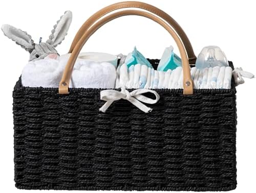 HBlife Large Baby Diaper Caddy Organizer, Paper Rope Storage Baskets Nursery Bin with Removable Divider, Portable Car Organizer for Diapers, Baby Shower Gifts, Newborn Essentials Must Haves by HBlife