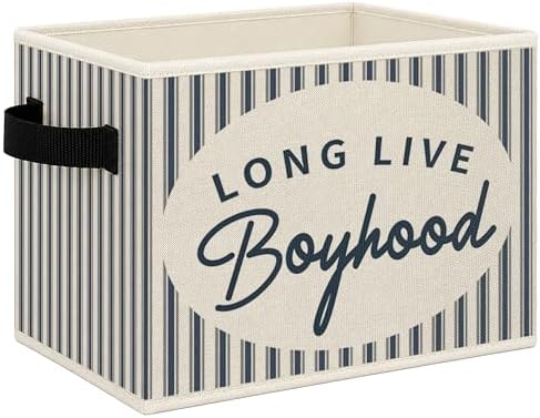 Boys Room Foldable Storage Bins Box with Handles, Long Live Boyhood Retro Blue Striped Collapsible Toys Books Clothes Organizer Basket for Kids Boys Nursery Room Playroom Bedroom Bathroom by Mcehtle