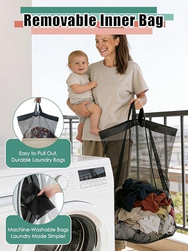 WTREE Laundry Hamper with Lid, Reinforced Sturdy Clothes Hamper with Anti-Puncture Base, Large Collapsible Laundry Basket with Removable Liner Bag, Tall Dirty Clothes Bin for Family, 100L Beige - Image 3