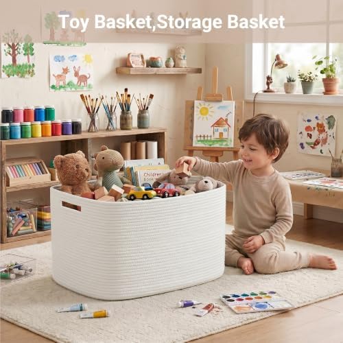 Large Laundry Baskets/Hamper, 25”x16”x16” Rectangle Woven Baskets for Toy Storage, Baby Blanket Basket in Living Room,Shelf Basket With Handle,Large White - Image 4