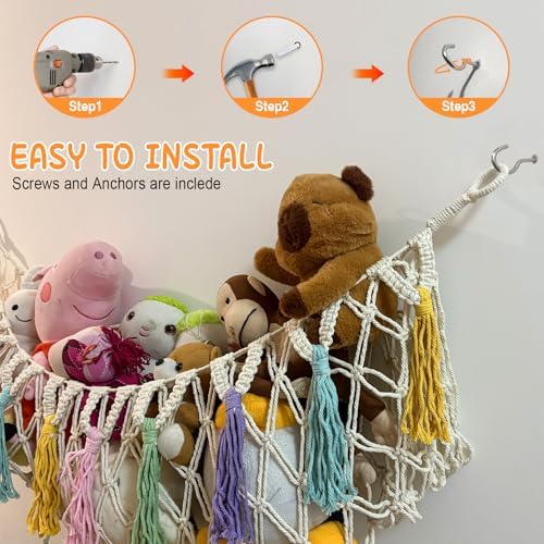 Bohemian Stuffed Animal Hammock, 51" Large Toy Storage Net for Plush Toys, Kids Room & Nursery Wall Hanging Organizer, Macrame Corner Storage, Baby Girl Room Decor Gift. - Image 4