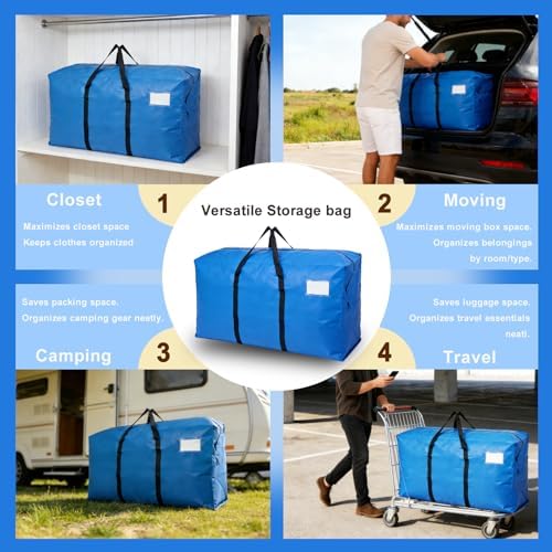 6 Pack Heavy Duty Moving Bags with Backpack Straps & Handles, Large Storage Bags with Zipper for Clothes, College Moving Supplies and Dorm Essentials (33 Gal, Blue) - Image 6