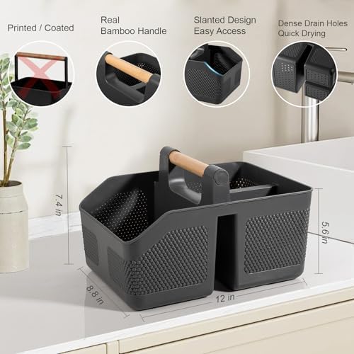 Plastic Shower Caddy Portable Shower Basket with Bamboo Handle, Dark Gray - Image 2