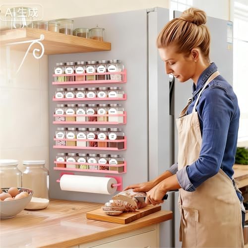 Magnetic Spice Rack with Jars Magnetic Spice Rack for Refrigerator 24 Spice Jars with Label Magnetic Shelves for Fridge 4 Pack Pink - Image 7