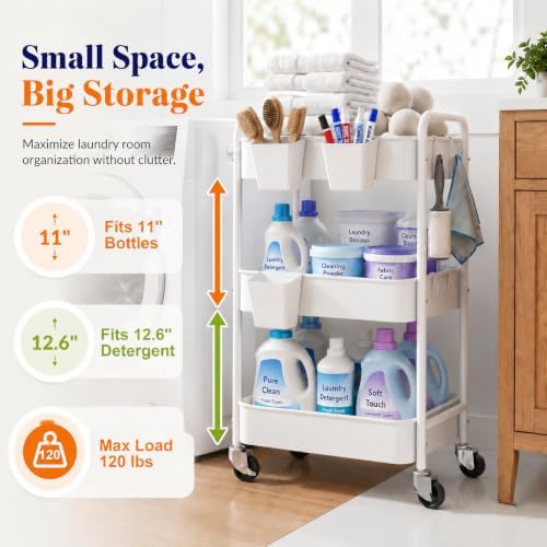 3 Tier Heavy Duty Metal Rolling Storage Cart Organizer with Wheels, White - Image 4