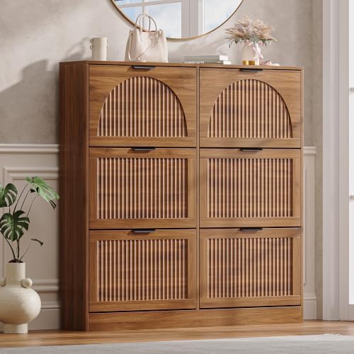 Fluted Shoe Storage Cabinet for Entryway, 6 Flip Drawers, Walnut by BOXACTION
