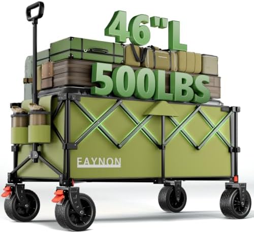 46" L Collapsible Foldable Extended Wagon, 500LB Weight Capacity with 280L Heavy Duty Folding Cart,Utility Wagon with All-Terrain Beach Wheel & Drink Holders,Green by EAYNON