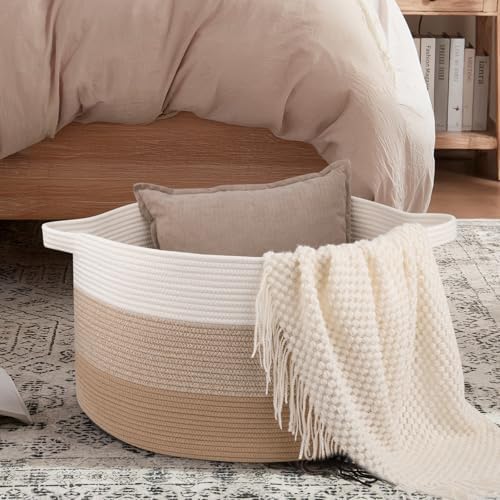 OIAHOMY 90L Extra Large Blanket Basket - Decorative Cotton Rope Storage Basket for Bedroom, Living Room & Nursery - Woven Laundry Hamper for Organizing Blankets, Clothes & Toys - Gardient Light Brown - Image 2