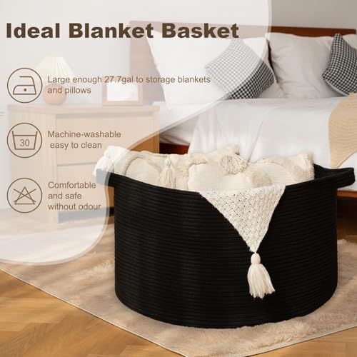 OIAHOMY 105L Extra Large Blanket Basket - Decorative Cotton Rope Storage Basket for Bedroom, Living Room & Nursery - Woven Laundry Hamper for Organizing Blankets, Clothes & Toys - Black - Image 3