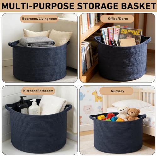 65L Large Blanket Basket,Woven Rope Laundry Basket-Dark Blue - Image 6