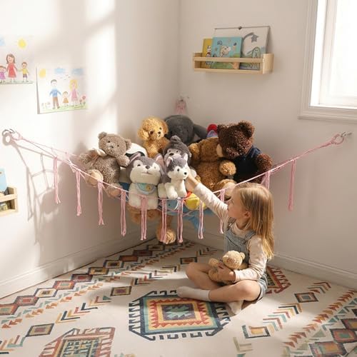 YKBU Stuffed Animals Hammock Corner Hanging Net with Wooden Beads Macrame Stuffed Animal Storage Ideas Plush Holder Toy Organizer for Boho Nursery Playroom Bedroom Kids Room Décor (light pink, Large) by YKBU