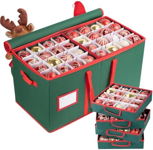 OIAHOMY Ornament Storage Box Holds 128 Christmas Ornaments, Christmas Ornament Storage Include Trays and Zippers, Ornament Organizer with Handle, Made of 600D Oxford Fabric - Green by MasterofSpaceOptimization
