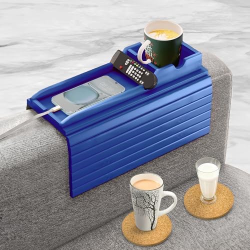 Couch Cup Holder, 2 Cork Coasters, Anti-Slip Foldable Couch Arm Tray Blue by AuroraSynth