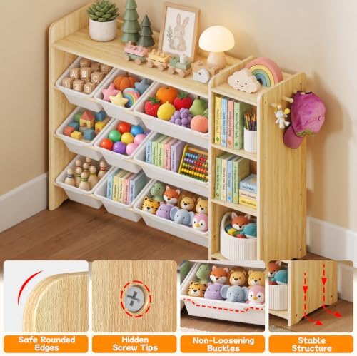 GITAWUSA Kids Toy Storage Organizer, Wooden Shelf with 3 Tiers and 9 Storage Bins, Nursery Room Organizer for Books and Toys, White and Natural Wood - Image 4