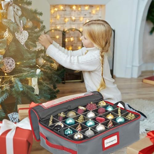 HOLDN’ STORAGE Christmas Ornament Storage Box with Dividers - Fits 48-3” Ornaments, 2 Removable Trays, Durable & Space-Saving, Clear Top Lid, Fits Underbed, Grey - Image 3