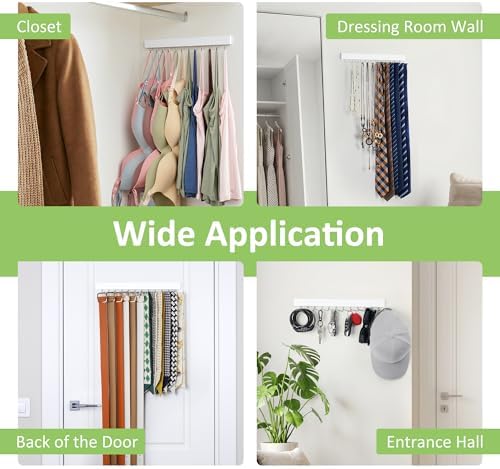 2 Pack Tie Hanger Wall Mounted, Wooden Tie Rack Belt Hanger with 24 Non Slip 180° Rotating Hooks, Belt Organizer Space Saving Tie Hanger for Closet, Tie Holder & Tie Organizer, White - Image 5