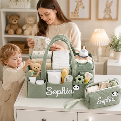 Personalized Diaper Caddy Organizer Baby Basket with Tote Bag Pouch - Image 4