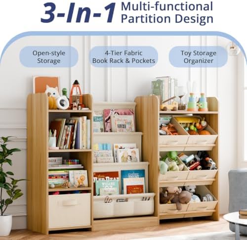 Kids Bookshelf and Toy Storage with 7 Removable Bins, 52 inch, Burlywood - Image 3