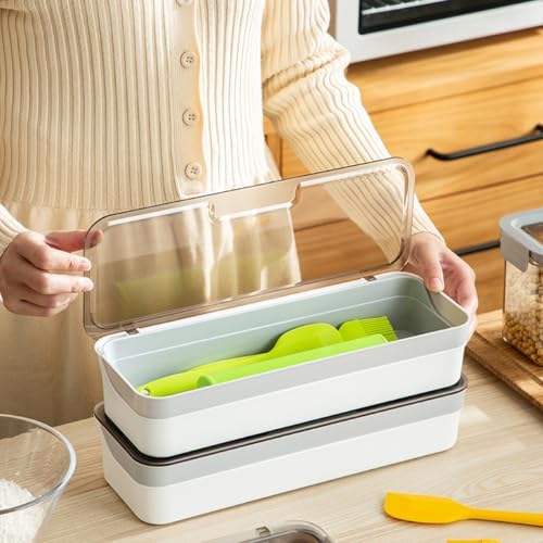 Plastic Kitchen Drawer Organizer with Lid and Drainer Stackable Utensil Holder for Countertop Silverware Tray Flatware Organizers - 13x4.7x2.4 Inch Spatula Cutlery Storage Box - Image 6