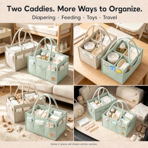 HIPHOP PANDA 2-Pack Diaper Caddy Organizer - Nursery Storage Bin & Car Organizer for Diapers, Wipes, and Baby Essentials - Dual-Color Solid Set (Green/Oatmeal), Regular Size - Image 7