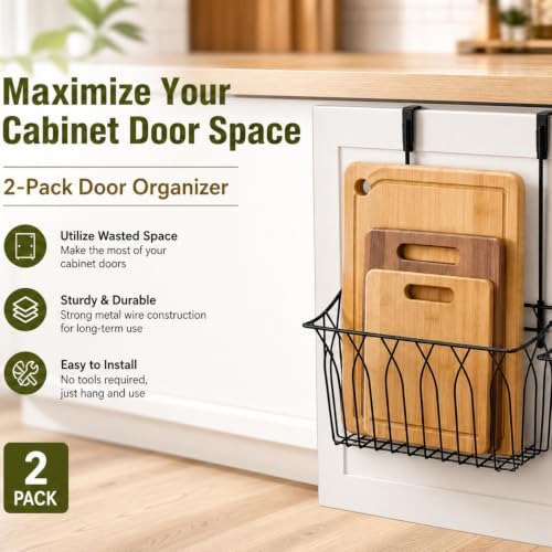 TOPZEA 2 Pack Grid Storage Baskets with Hooks, Metal Hanging Wire Basket Kitchen Over the Cabinet Door Organizer Caddy for Cutting Board, Kitchen Wrap, Foil, Cleaning Supplies, Bakeware, Towel - Image 6