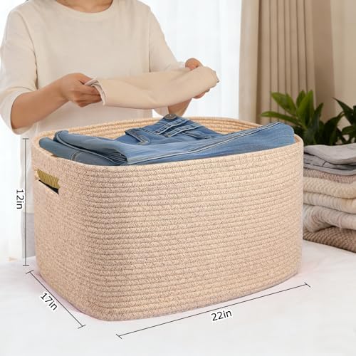 Large 75L Woven Laundry Basket, Collapsible Cotton Rope Storage Hamper for Blankets, Toys, Dirty Clothes, Rectangle Nursery Basket for Living Room, Bedroom, Baby Room - Brown - Image 2