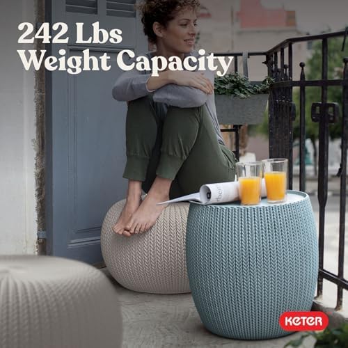 Keter Urban Knit Pouf Ottoman Set of 2 with Storage Table for Patio and Room Décor - Perfect for Balcony, Deck, and Outdoor Seating, Grey & White - Image 6