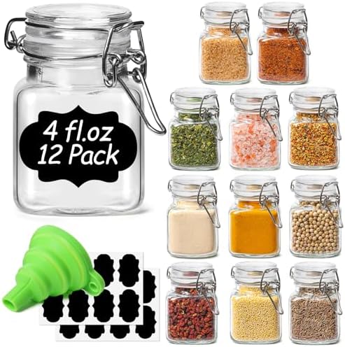 ComSaf Square Small Glass Spice Jars with Airtight Lids 4 oz 12 Pack Pantry by ComSaf