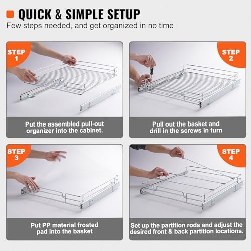 VEVOR 18.5"Wx21"Dx3.5"H Pull Out Cabinet Organizer, Heavy Duty Slide Out Pantry Shelves, Chrome-Plated Steel Roll Out Drawer, Drawer Storage for Home Under Sink, 20"Wx22"Dx7"H Install Size for Cabinet - Image 5