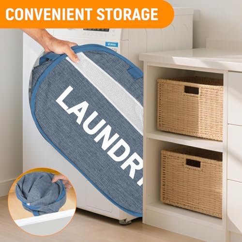 Collapsible Laundry Baskets with Lid, Foldable Clothes Hamper with Reinforced Handles, Sturdy Pop Up Hampers for Laundry, Tear Proof & Easy to Carry Laundry Hamper for Home, Dorm, Travel Blue - Image 3