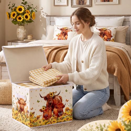 Briwooody Highland Cow Storage Bin with Lid and Carrying Handle Sunflower Cow Foldable Storage Box Large Farm Cattle Decorative Collapsible Container Basket for Organizing Closet Home Bedroom Gift - Image 4