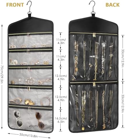 CHICECO Travel Jewelry Holder Organizer,Hanging Jewelry Organizer Storage with Zippered Pockets for Cloest,Jewelry Holder for Earrings, Necklaces (Grey Black) - Image 3