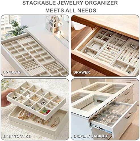 Jewelry Trays,Velvet Stackable Organizer Trays,Drawer Inserts Jewelry Display Case For Rings Stud Necklaces Earring Organizer Tray for Women Girls-8 Pack (Beige) - Image 7