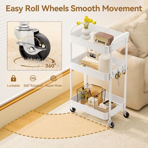 YASONIC 3-Tier Metal Rolling Cart Utility Carts with Wheels White - Image 3