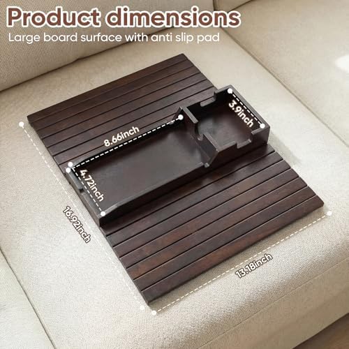 Bamboo Couch Arm Tray with Cup Holder, Sofa Armrest Table, Brown - Image 2