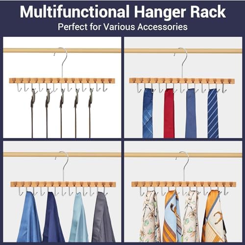 Ohuhu 2 in 1 Belt Hanger for Closet, 14 Slots 13 Hooks Wooden Organizer - Image 6