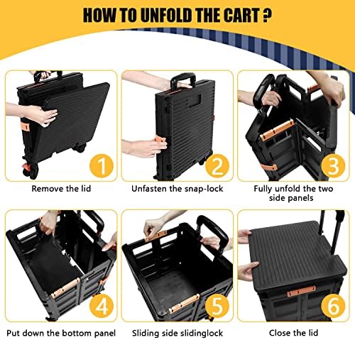 Foldable Utility Cart Portable Rolling Crate Handcart Shopping Trolley Collapsible Tool Box with Rotate Wheels Durable Duty Plastic Telescoping Handle Lid for Travel Move Office School(Black) - Image 6