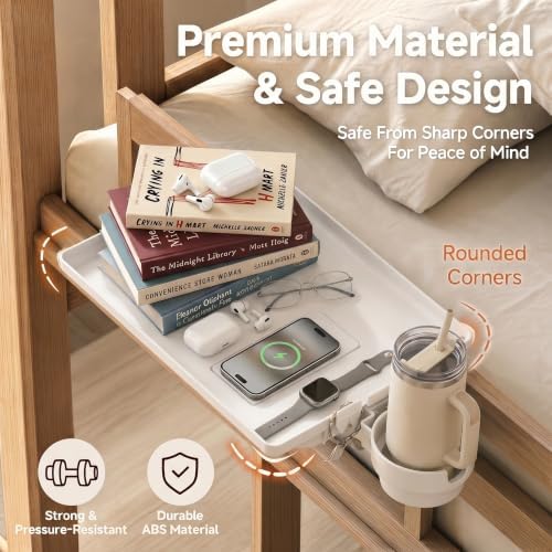 Clamp-On Bedside Shelf with Detachable Cup Holder & Cable Slots, Space-Saving Floating Nightstand for Top Bunk, Max 2.9", White - Image 5