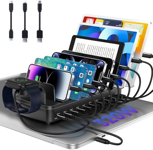 320W Charging Station for Multiple Devices, 10 Ports Fast Multi-Device Charger Organizer Compatible with MacBook Pro Laptop, iPhone, Android, Ipad, Tablet, Kindle, Multi-Device Charging Dock（Black） by MERGROLY