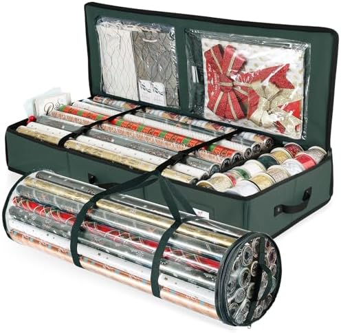 Hearth & Harbor Wrapping Paper Storage Container and Clear Wrap Paper Holder - Christmas Storage Bag with Interior Pockets - Fits Up to 36 Rolls of 40" - Tear Proof, Green by HearthHarbor