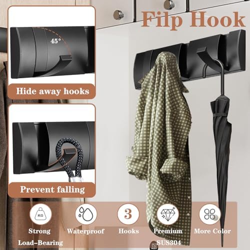 Folding Coat Hooks, Wall Mounted Coat Rack with 3 Retractable Hooks, Heavy Duty Towel Rack for Bathroom Wall Hook for Hanging Clothes Bathrobe, Stainless Steel Coat Hanger for Entryway(Black) - Image 3