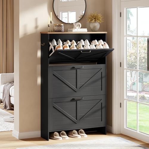 Nicetree Shoe Storage Organizer with 3 Flip Drawers, Freestanding Fluted Accent Narrow Shoe Rack, Farmhouse Shoe Cabinet with 3-Tier Adjustable Shelves for Hallway Foyer Rustic Black - Image 3